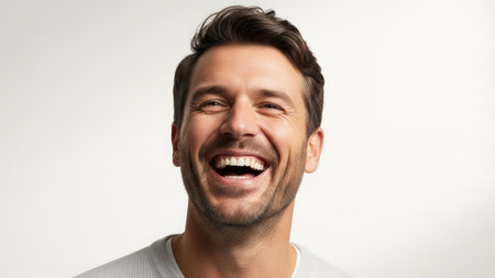 A close-up studio portrait shows a man with a wide smile, displaying healthy teeth. The image features neutral tones, soft lighting, and a shallow depth of field. This versatile photograph could be suitable for various commercial projects related to health, happiness, or lifestyle themes.の素材