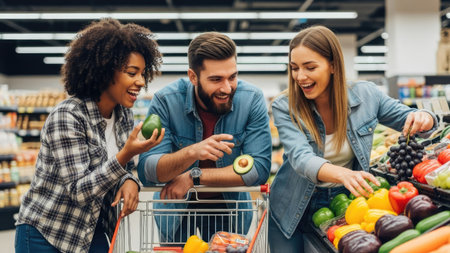 Three people are shown selecting fresh produce while shopping in a well-lit supermarket. They are smiling and appear to be enjoying the process. The composition features a variety of colorful fruits and vegetables. This image could be suitable for editorial use related to healthy eating and lifestyle.の素材
