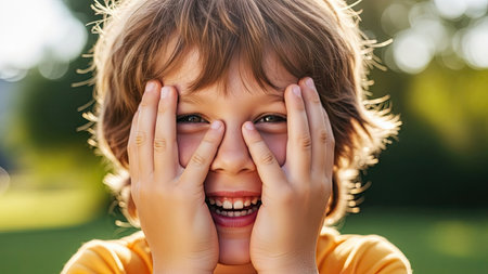 A young child is shown covering their eyes with both hands. The image displays a close-up with focus on the child's face and hands. The boy is smiling with a blurred background suggesting an outdoor setting with sunlight and greenery. The photograph could be used for various projects.の素材