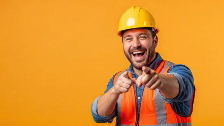 A construction worker with a yellow helmet and safety vest is pointing with both hands. The man is smiling widely, suggesting joy and enthusiasm. The composition features a vibrant orange background. Suitable for various projects including advertising, or illustrative use.の素材