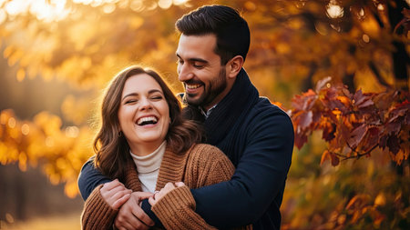 A smiling couple is seen embracing, set against a backdrop of vibrant autumn leaves. Warm sunlight bathes the scene, highlighting the couple's expressions of happiness. The composition and colors lend themselves to various commercial applications, including marketing materials and editorial content.の素材
