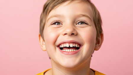A young child with light skin is captured in a cheerful close-up portrait. The child is smiling widely, revealing their teeth, set against a soft, solid pink background. The composition highlights the subject's face and expression, creating a sense of joy, potentially suitable for various commercial or editorial uses.の素材
