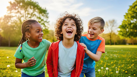 Three children are captured in a moment of pure joy, laughing heartily in an outdoor environment. They are surrounded by lush green grass and trees, bathed in warm sunlight. The image showcases natural skin tones and clothing in bright colors. This scene could be suitable for editorial or commercial content.の素材