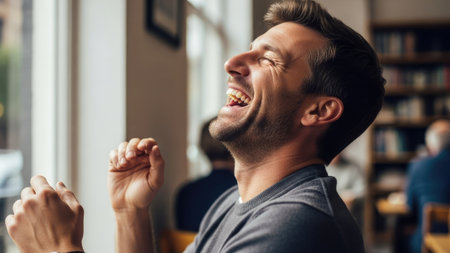 A man laughs heartily near a window in this image. The man, center frame, appears filled with joy. Soft natural light creates a warm atmosphere. The image might be suitable for editorial content, websites, or promotional material relating to happiness, well-being, or human emotions. The background suggests an indoor setting.の素材