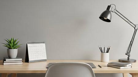 A workspace scene features a wooden desk with a small potted plant, calendar, pen holder, and adjustable lamp against a neutral grey wall. The composition includes books and office supplies, with soft lighting enhancing the textures. Suitable for illustrating concepts related to productivity, design, or office interiors in various commercial contexts.の素材