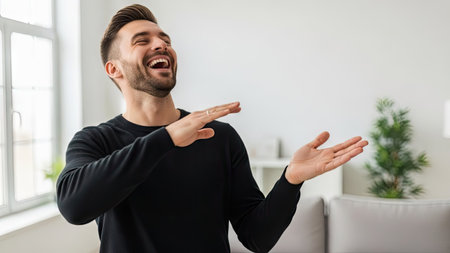 A man laughs while gesturing with his hands in an indoor setting. The composition features a neutral background, a window, and a small plant. The lighting appears natural and bright. This image is suitable for various commercial purposes, including advertising, editorial content, and website design.の素材