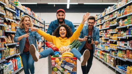 A group of friends enjoys a lighthearted moment inside a brightly lit supermarket. The image features individuals interacting near a shopping cart filled with groceries. Vibrant colors and textures are evident throughout the scene. This image could be suitable for various commercial and editorial applications, possibly promoting social activities or consumerism.の素材