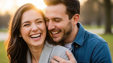 A smiling couple is seen embracing and laughing outdoors. They are bathed in warm sunlight, creating a bright and cheerful atmosphere. The image showcases natural skin tones and a soft focus. It may be used for various commercial or editorial purposes related to relationships and happiness.の素材