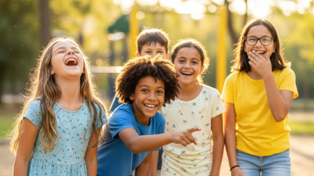 A group of children is captured in a moment of laughter outdoors. They are smiling broadly, showcasing a range of emotions. The scene is illuminated by warm sunlight, suggesting a pleasant day. This image could be used for various commercial or editorial purposes.の素材
