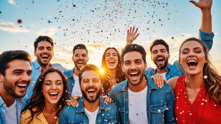 A diverse group of people are seen laughing and celebrating outdoors. Confetti is falling against a bright sky. The image features a shallow depth of field, with warm colors and natural lighting. Suitable for use in various commercial and editorial projects requiring themes of celebration and togetherness.の素材