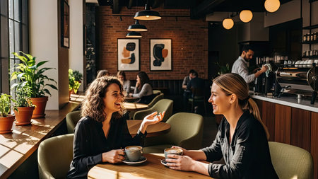 Two women share coffee and conversation within a cafe setting. The interior features warm lighting, wooden tables, and brick walls. Other individuals and a barista are also present. This scene suggests a casual meeting or social interaction, potentially useful for lifestyle or editorial projects.の素材
