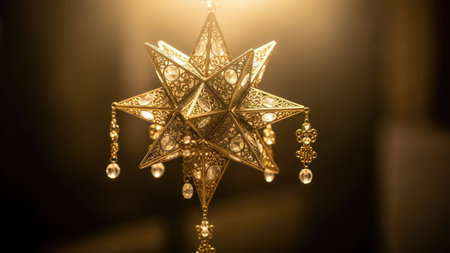 An intricate golden star ornament is suspended, exhibiting detailed filigree patterns and dangling crystal-like embellishments. The warm, inviting lighting highlights the object's texture, casting subtle shadows on a dark background. This image is suitable for use in various visual media, including editorial features and promotional materials.の素材