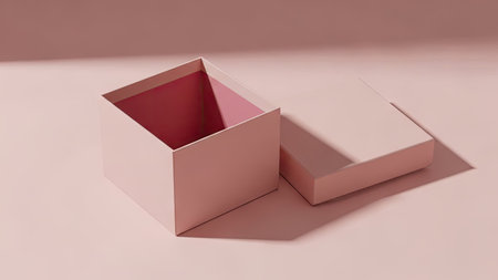 An open pink box sits on a matching background casting a soft shadow. The box has a contrasting pink interior, and the lid is slightly ajar. The scene is illuminated by soft lighting, suggesting an indoor studio setting. This image could be used for product presentations, packaging concepts, or general design projects.の素材