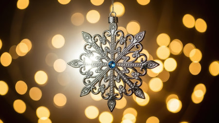 A decorative snowflake ornament is suspended, centered against a backdrop of blurred warm-toned lights. The metallic ornament, detailed with intricate patterns, reflects light, set against a dark background. This image could be suitable for holiday-themed advertising, greeting cards, or editorial content.の素材
