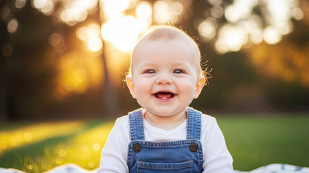 A happy baby is the central subject, rendered in soft focus and warm sunlight. The image features the baby with a big smile, set against a blurred background of green and gold tones. Suitable for various visual projects and potential editorial or commercial use.の素材