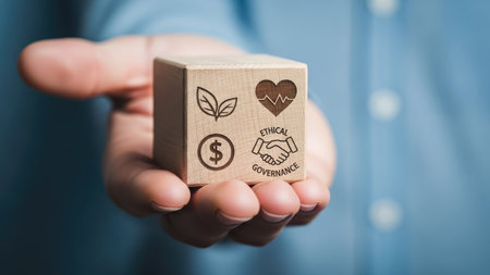 A person holds a wooden block with several engraved symbols. The block's surface is light brown, and the symbols include leaves, a heartbeat, a dollar sign, and an ethical governance icon. The composition uses shallow depth of field. This image could be used for articles on business, environmental issues or healthcare.の素材