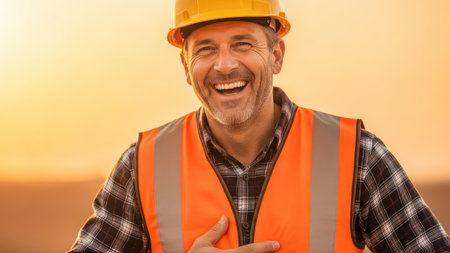 A construction worker is shown smiling and looking at the camera. He wears an orange safety vest, a yellow hard hat, and a plaid shirt. The image features a shallow depth of field, with soft, warm lighting. It may be used for a variety of editorial or commercial purposes.の素材