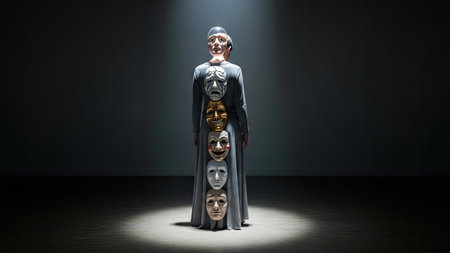 A person stands holding multiple masks, dramatically lit against a dark backdrop. The visual characteristics include a somber atmosphere, with the use of overhead light. The image could be used for various commercial or editorial projects, suitable for illustrating ideas about identity.の素材