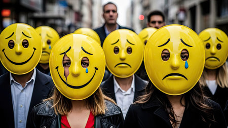An image shows individuals wearing yellow emoji masks with various facial expressions, contrasting happiness with sadness. The composition includes people in the background, suggesting a group setting. The style appears to be conceptual with artificial lighting. The image may be used for editorial and commercial purposes.の素材