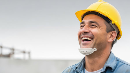 A man wearing a yellow hard hat is smiling broadly. The image displays a close-up of a person, emphasizing happiness and satisfaction. The composition utilizes soft lighting and a blurred background. This image could be suitable for various commercial uses, including advertising and editorial content.の素材