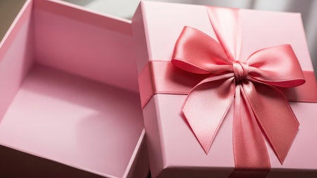 A pink gift box with a matching ribbon and bow is shown, slightly open. The image features soft lighting and focuses on the textured surfaces. The style is clean, with copy space and a focus on detail. Suitable for uses related to gifting, holidays, or promotional material.の素材