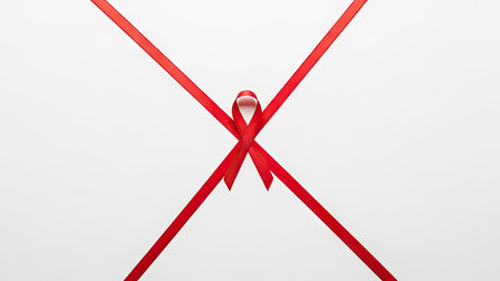 A red ribbon, a symbol of awareness, is presented against a clean white background. The composition features a minimalist style with sharp lines and a symmetrical design. The use of a simple color palette and overhead lighting contributes to a contemporary appearance, suitable for diverse uses.の素材