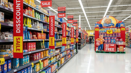 Rows of products fill the shelves of a brightly lit supermarket. The scene includes various packaged goods and promotional signs. The composition highlights the organization of items along aisles, with overhead lighting. Suitable for illustrating consumerism, retail environments, or commercial uses.の素材