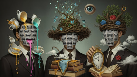 This surreal composition presents three figures in suits, each with unique facial features and symbolic elements. The artwork features a muted color palette, artistic style, and dreamlike atmosphere. It is suitable for conceptual illustrations, art projects, and could be utilized in various commercial or editorial contexts.の素材