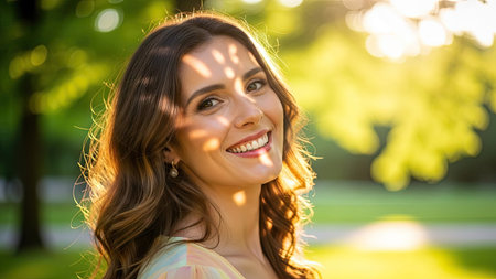 A woman with long brown hair smiles broadly in a portrait. The image features soft lighting and a shallow depth of field, with a blurred green background of foliage. This style of photograph might be suitable for various commercial or editorial applications.の素材