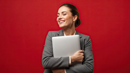 A woman in a gray suit smiles while holding a laptop. The image features a bright red backdrop. Composition showcases a medium shot with soft lighting. This versatile photo is suitable for various commercial uses, including advertising and editorial projects. The overall style suggests professionalism.の素材