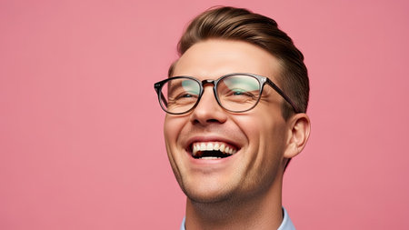 A close-up captures a young man, wearing glasses, smiling broadly against a solid pink background. The image presents a clean, bright aesthetic with even lighting. This composition could be used for various commercial or editorial purposes, conveying themes of happiness and positivity, often associated with personal fulfillment.の素材