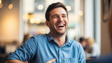 A man in a blue shirt is captured in a moment of laughter. The image showcases natural lighting and a blurred background suggesting an interior setting. It could be used for lifestyle content, articles about happiness, or themes related to well-being.の素材