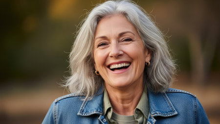 An older woman with silver hair is smiling broadly, likely enjoying an outdoor setting. She wears a denim jacket and a green shirt, indicating a casual style. The soft lighting and blurred background suggest a natural environment. This image could be used in various commercial or editorial contexts to represent positivity and maturity.の素材