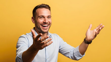 A man is smiling broadly with open arms against a vibrant yellow backdrop. The image features soft lighting and a focus on the subject's expression of joy. The composition is simple, suggesting commercial use for themes related to happiness and positive emotion, with copy space available.の素材