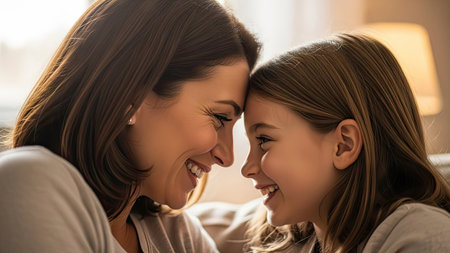 A close-up captures a mother and daughter sharing a moment of affection, their foreheads touching. Soft lighting illuminates their faces, highlighting a sense of warmth and intimacy. This image could be used in various commercial or editorial contexts, conveying themes of family connection and love. It has a cozy feeling.の素材