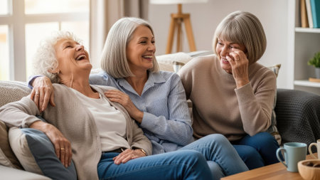 Three mature women are seated on a sofa indoors, joyfully laughing together. The image showcases natural lighting and a warm ambiance. This scene could be used for various commercial or editorial purposes, promoting themes of friendship, retirement, and togetherness.の素材