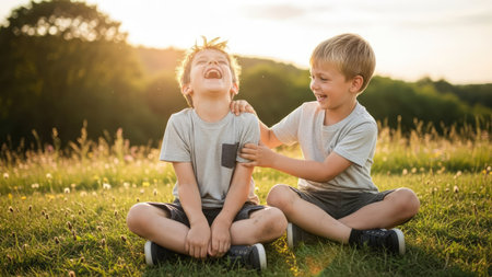 Two boys are depicted laughing exuberantly while sitting in a field. The scene showcases natural light and a soft focus, highlighting their joyful expressions. The composition suggests an outdoor environment, possibly a park or meadow. This image could be used for various purposes including editorial and commercial projects.の素材