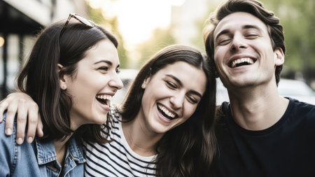 A group of three people are seen laughing, embracing under natural sunlight. The image exhibits a warm, friendly atmosphere with soft focus. The composition focuses on faces, suggesting a connection. Suitable for use in lifestyle or editorial projects promoting social interactions.の素材