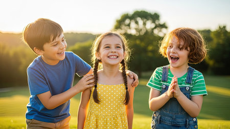 A group of three children share a joyful moment in an outdoor setting. The image displays bright, natural lighting, with a focus on their expressions. Composition showcases a vibrant environment with green foliage. Suitable for projects related to childhood, happiness, and lifestyle.の素材
