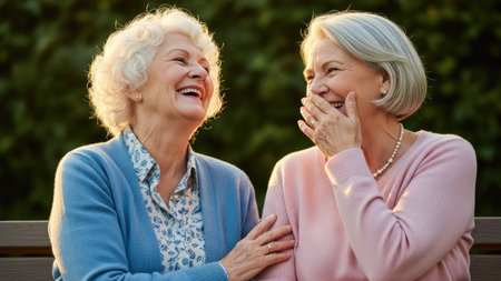 Two senior women are captured laughing, possibly sharing a moment of joy. The image displays natural lighting and a blurred background suggestive of an outdoor environment. The subjects' expressions and posture convey themes such as friendship and connection, lending themselves to various commercial and editorial applications.の素材