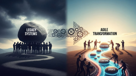 This conceptual illustration depicts a transition from legacy systems to agile transformation. The image shows a group of people facing a dark cloud, while another group collaborates in a brighter environment. The artwork uses symbolic elements like gears and a flowing river to represent change. Suitable for illustrating business strategy and organizational development.の素材