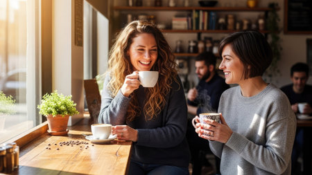 Two women are shown in a cozy cafe, engaged in conversation while holding coffee cups. The scene is bathed in warm sunlight, highlighting the interior and creating a relaxed atmosphere. This image could be used for lifestyle content, promoting social connections, or illustrating coffee culture in a commercial context.の素材