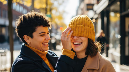 Two individuals, presumably friends, are captured in a moment of shared joy. One playfully covers their eyes with a hat. The image showcases warm tones, with sunlight illuminating the scene. The composition hints at an urban backdrop, suitable for illustrating themes of friendship and happiness. This image could be used for various commercial or editorial applications.の素材