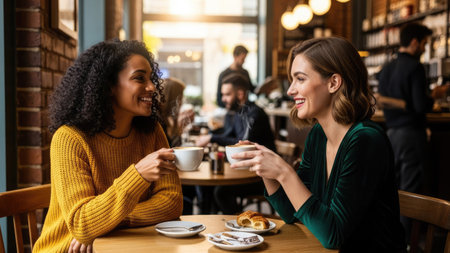 Two women are shown in a cafe setting, engaged in conversation while holding coffee cups. The scene displays a warm, inviting atmosphere with natural lighting and blurred figures in the background. This image could be used for various commercial and editorial purposes, conveying themes of friendship and connection.の素材