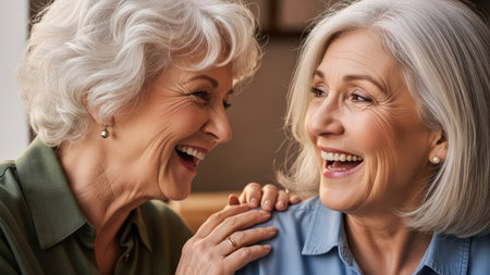 Two mature women are captured smiling radiantly, their faces close in a moment of shared joy. The image displays soft lighting and a warm color palette, suggesting an intimate indoor setting. The composition emphasizes emotional connection, potentially useful for themes related to friendship, aging, and wellness.の素材