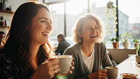 Two women share a laugh while enjoying coffee. The image showcases natural light illuminating the scene. The composition is close-up featuring warm tones and soft textures. Suitable for illustrating themes of friendship, leisure, or social gatherings. The image is appropriate for diverse editorial and commercial applications.の素材