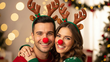 A smiling couple, each with a reindeer antler headband and red nose, embraces indoors. Warm tones and soft lighting illuminate the pair, enhancing their joyful expressions. Decorative elements in the background, including bokeh and holiday adornments, suggest a celebratory atmosphere. Suitable for use in various commercial and editorial projects.の素材