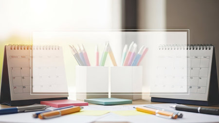 An overhead view reveals a well-organized office desk featuring calendars, pens, and notepads. Pastel hues and soft lighting create a clean aesthetic. The composition suggests a workspace dedicated to planning and organization. This image could be suitable for commercial use related to business, productivity, or lifestyle.の素材
