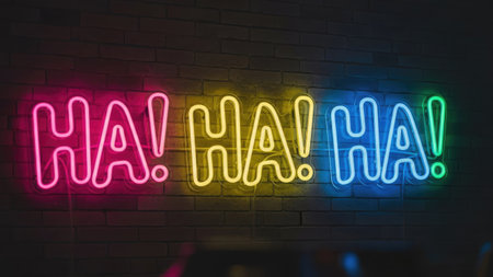 A vibrant neon sign spelling 'HA HA HA' is illuminated in pink, yellow, and blue against a dark, textured background. The composition features a close-up perspective, highlighting the bright colors and stylized font. Suitable for visual concepts emphasizing humor and entertainment, the image could be used in various commercial applications.の素材