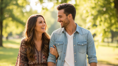 A smiling couple walks arm in arm, illuminated by warm sunlight. The image showcases the pair against a backdrop of green foliage, suggesting an outdoor environment. The photograph's soft lighting and natural composition are suitable for various editorial and commercial projects, depicting themes of relationships and happiness.の素材